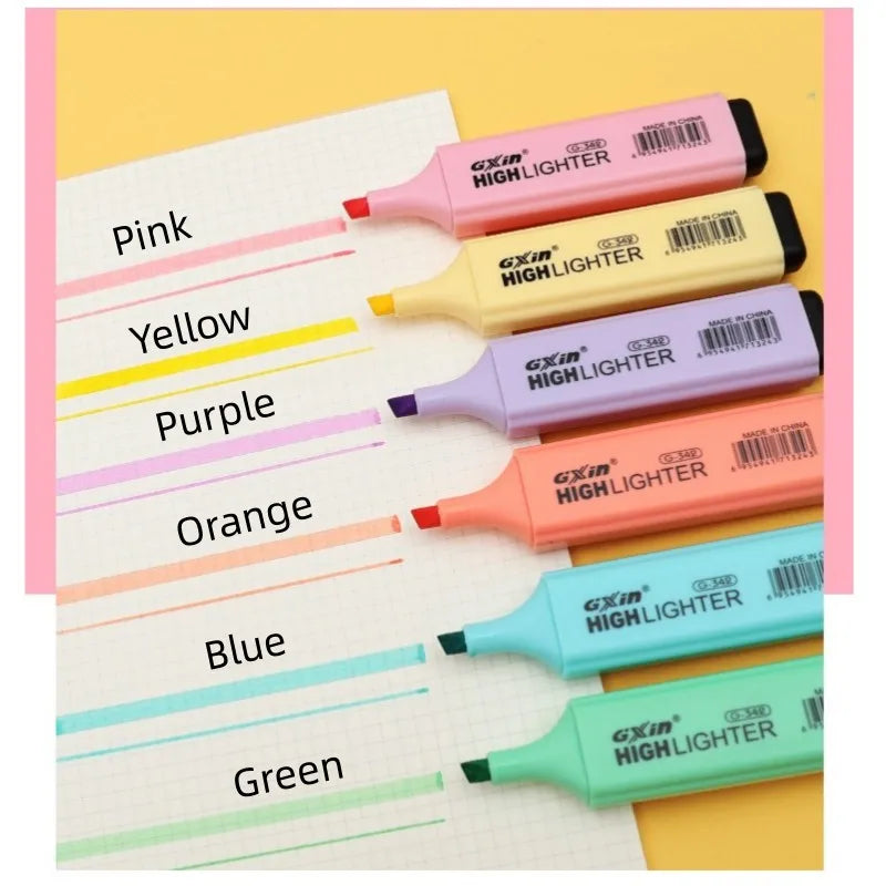 6 PCS Highlighter Markers 6 Fluorescent Macaroon Colors,High Quality Rectangular Marker Student Stationery Office School Art Use