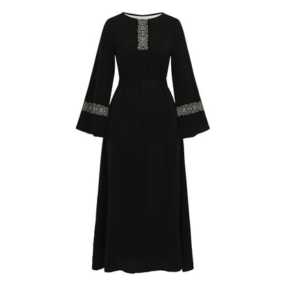 Modest Women Abaya Dress With Belt Islamic Clothing Abaya Dubai 2024 Turkey African Flared Sleeve Round neck Abaya Muslim Dress