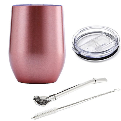 12oz Yerba Mate Tea Cup Stainless Steel Insulated Mug with Sliding Lid and Straw Coffee Cup Cocktail Champagne Cute Tumbler Cups