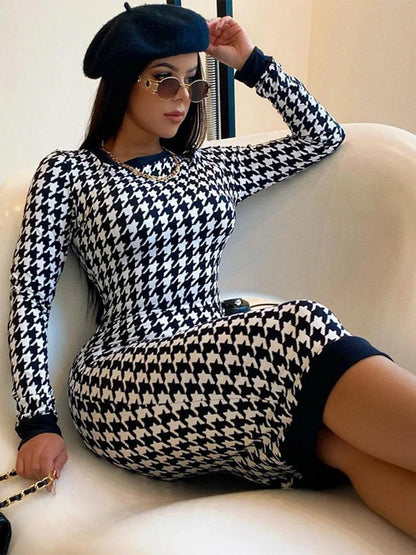 Houndstooth Print Wanita Lengan Panjang Midi Dress Hollow Out Bodycon Seksi Streetwear 2022 Autumn Winter Club Elegant Slim 