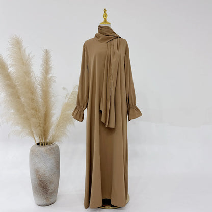 Hooded Abaya Prayer Dress with Attached Hijab Scarf Flare Sleeves One Piece Jilbab Muslim Women Ramadan Eid Dubai Islam Clothing