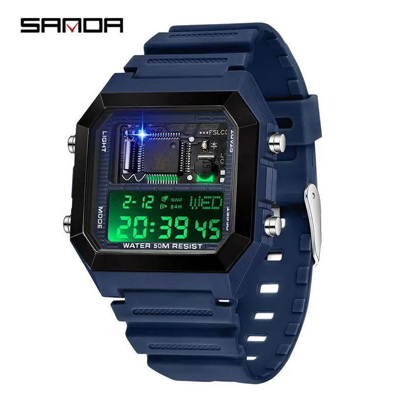 SANDAD 6216 Men's Electronic Watch Square Multifunctional Chronograph Date Silicone Strap Digital Display Wrist Watches for Male