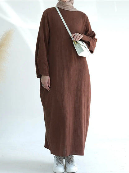 Abaya Dubai Turkey Muslim 100% Crumpled Cotton Loose Long Dress Full Sleeves Women Islamic Clothing Hijabi Kaftan Ramadan Prayer