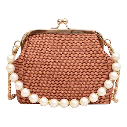 Luxury Designer Trendy Straw Weaving Shoulder Bag Versatile Small Beading Handbag For Women Summer Casual Beach Bag Travel Purse