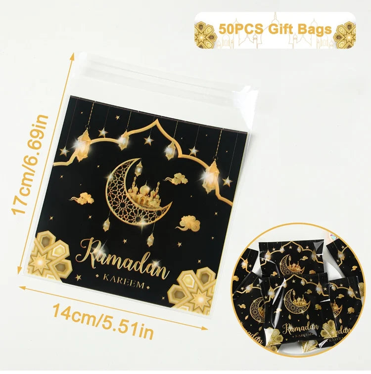 50pcs Beg Hadiah Eid Mubarak Plastik Beg Kuki Gula-gula OPP Ramadan Kareem Hiasan Pesta Perlengkapan Pesta Muslim Hadiah Aidil Adha 