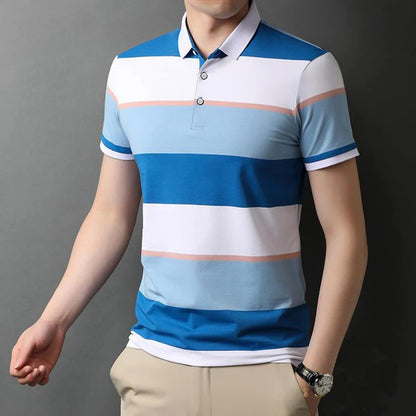 Men's Polo T Shirt Business Casual Simple Stripes Print Summer Short-Sleeve Polo Shirt Fashion Street Wear Oversized Clothes