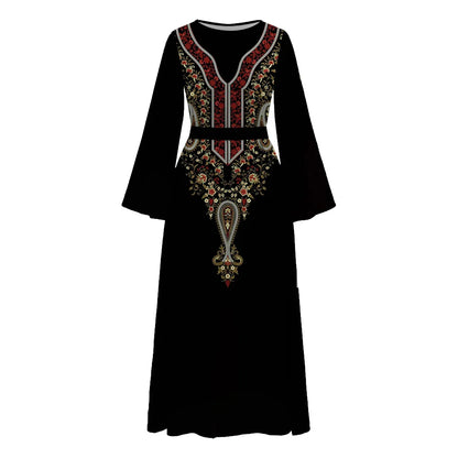 Modest Women Abaya Dress With Belt Islamic Clothing Abaya Dubai 2024 Turkey African Flared Sleeve Round neck Abaya Muslim Dress