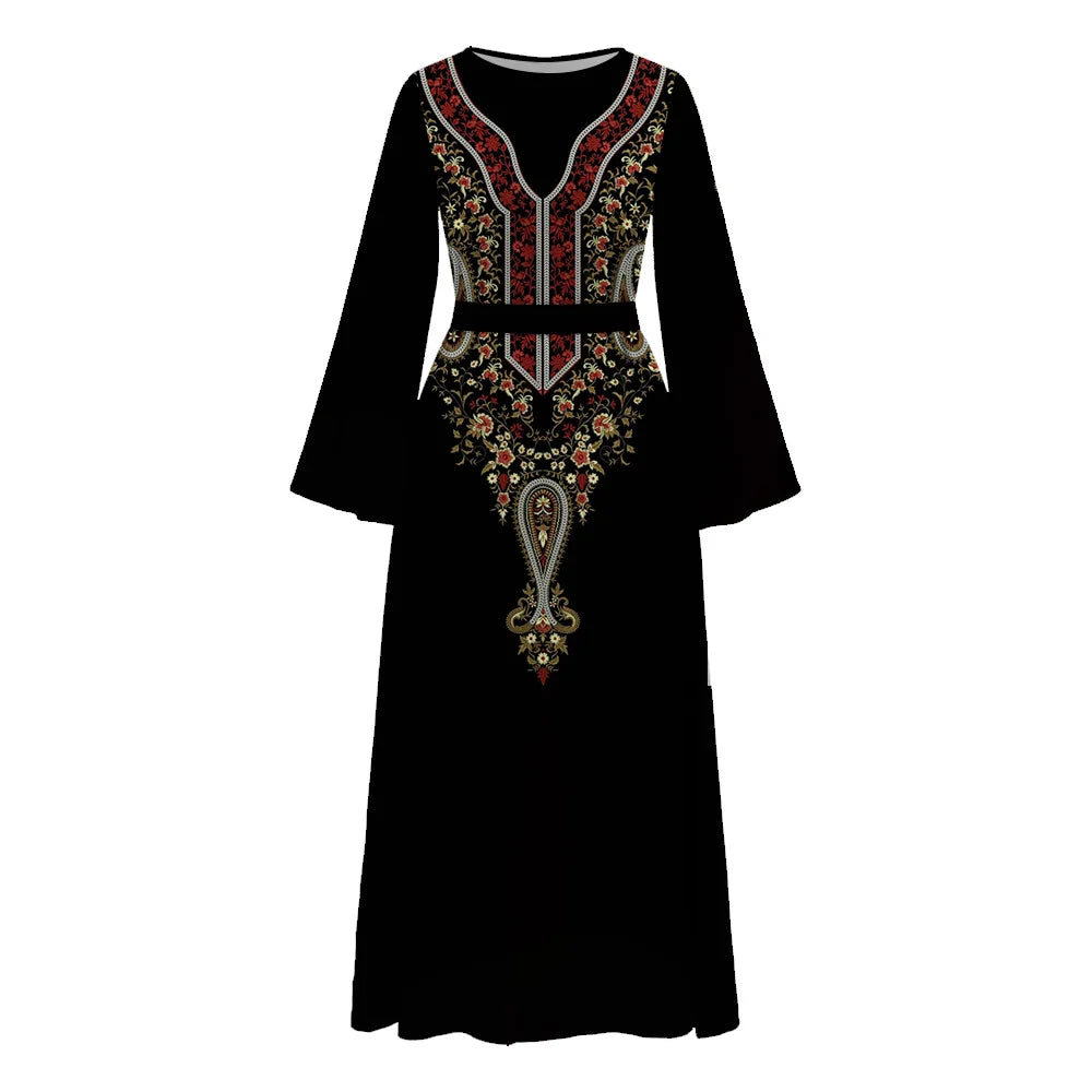 Modest Women Abaya Dress With Belt Islamic Clothing Abaya Dubai 2024 Turkey African Flared Sleeve Round neck Abaya Muslim Dress