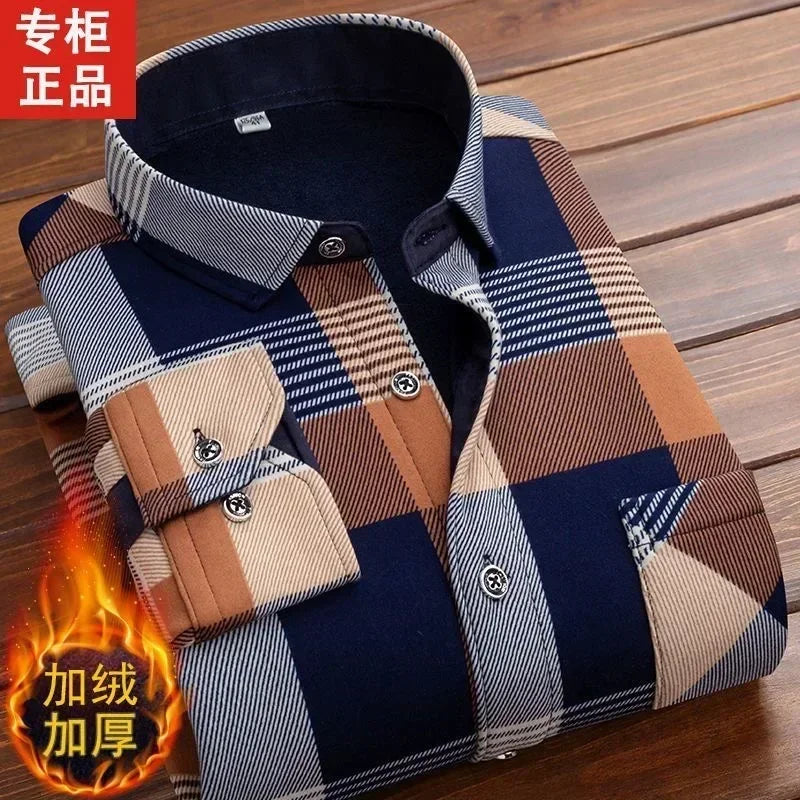 2024 Men's Winter Warm Long Sleeve Plaid Shirts Flannel Fur Lined Thick Formal Shirts Fleece Casual Shirt for Men Dress Shirts