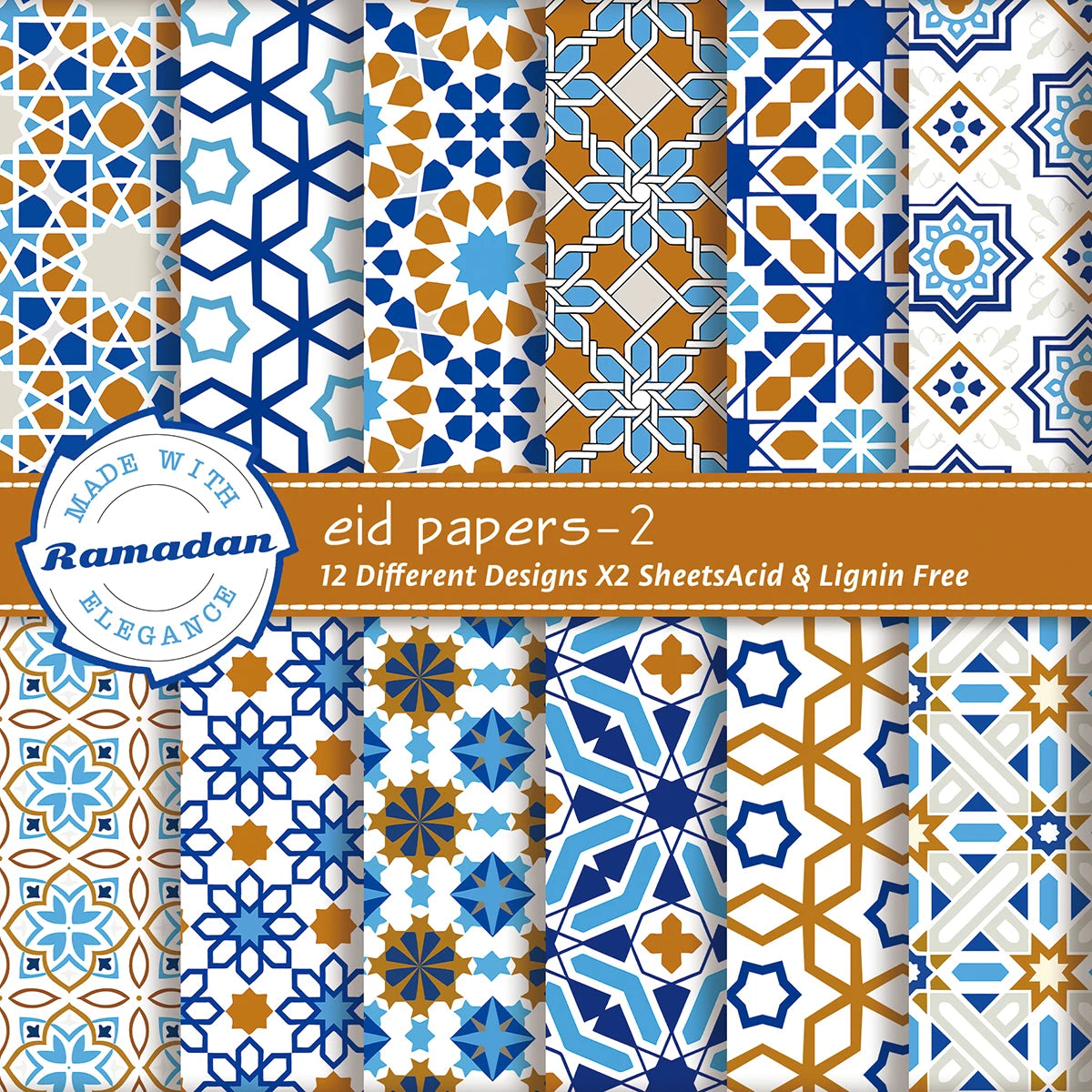 24Pcs/Pack Eid Mubarak Scrapbooking Paper Set,Arabic Background Islamic Eid Pattern Ramadan Paper,Decorative Paper DIY  Crafts