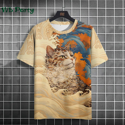 Vintage Cat Pattern Print Short Sleeve T-shirts Man Cat Print Custom T shirt Vintage Shirts Graphic Tee Men's Summer Clothes Tee