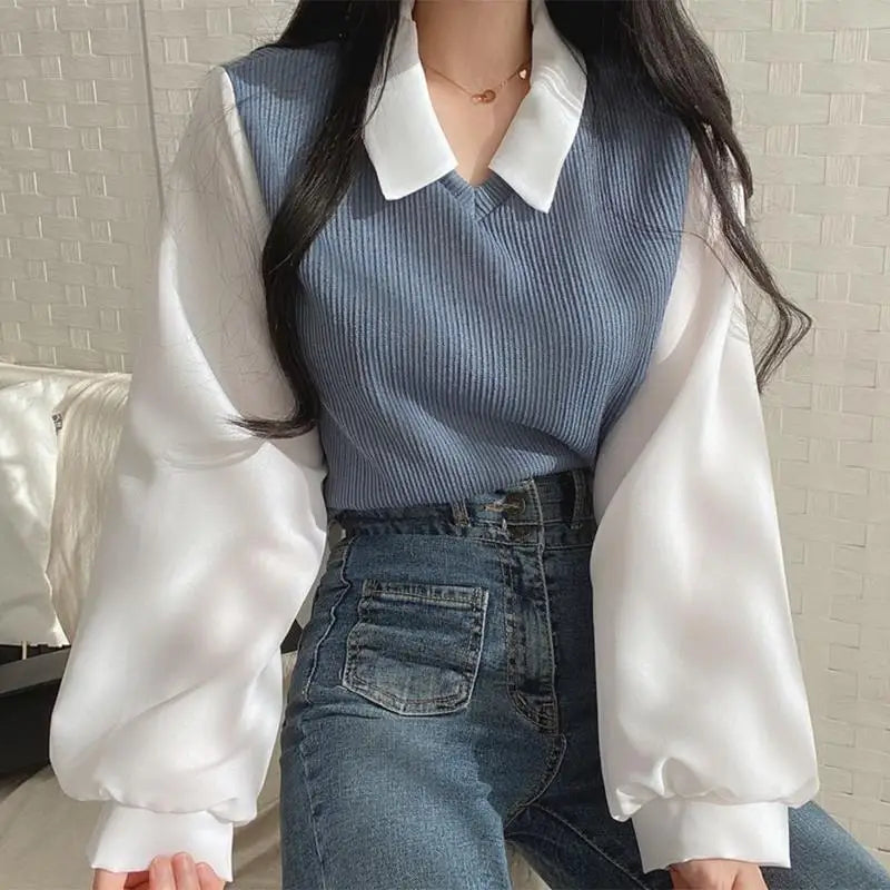 Summer Blouse Women Korean Style False Two-piece Polo Collar Blouses Y2k Tops Streetwear Loose Youth Pullovers Elegant Shirt