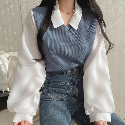 Women False Two-piece Polo Collar Blouse Loose Tank Top Spliced Long Sleeve Shirts Off the Shoulder Blouses Autumn Pullovers Top