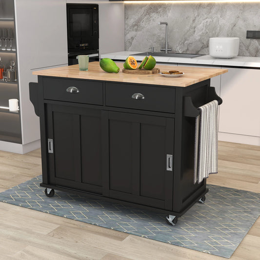 Kitchen Cart with Rubber wood Drop-Leaf Countertop, Concealed sliding barn door adjustable height,Kitchen Island on 4 Wheels wit