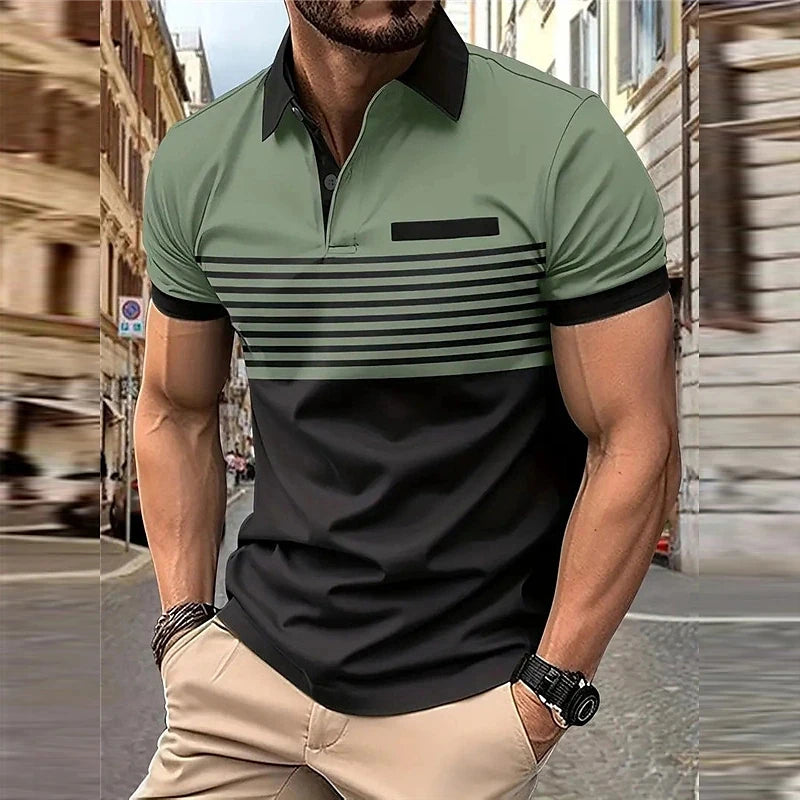 Business Men's Polo T Shirt Summer Short Sleeve Clothing Fashion Stripe Print Street Casual Buttons Tops Oversized Pullover