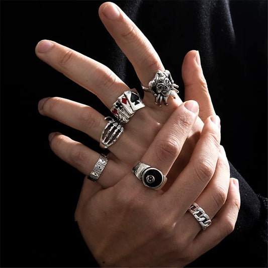 6Pcs Punk Poker Joker Cincin Warna Perak untuk Lelaki Goth Skeleton Biliard Set Hadiah Barang Kemas Fesyen Emo Pasangan 