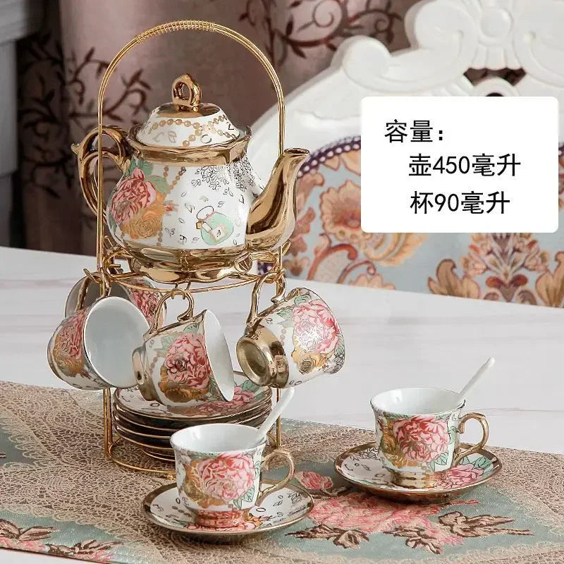 20 Pieces Porcelain Tea Set with Metal Holder European Ceramic Tea Set for Adults Flower Tea Set for Women with Floral