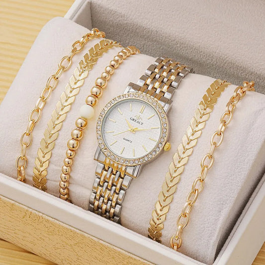 6pcs Dainty Quartz Watches Simple Bracelet Women Leisure Casual Round Pointer Rhinestone Dial Watch Wheat Bracelet Set