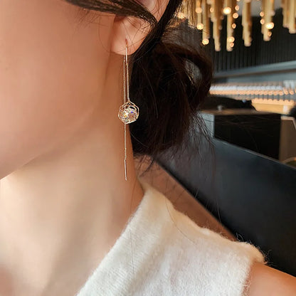 Anting-anting Panjang Rumbai Kupu-kupu Mutiara Kristal Biru Berlebihan Untuk Wanita Anting-anting Fesyen Korea Hadiah Barang Kemas Hari Lahir Harian 