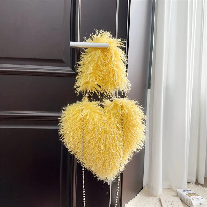 Faux Natural Fur-Ever Mongolian Furry Fur Heart Shape Oversized Tote Bags For Women Handbags With Long Shoulder Fur Straps