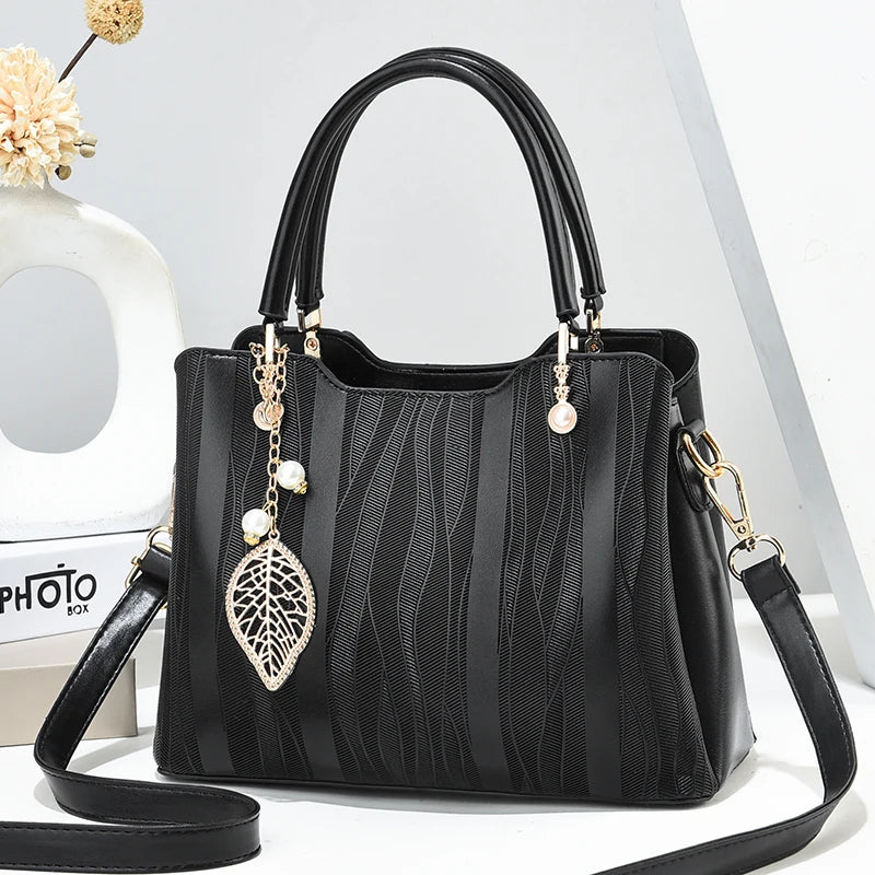 Beg Tangan Berjalur Fesyen, Beg Selempang Kulit PU Wanita, Dompet Beg Tangan Atas 