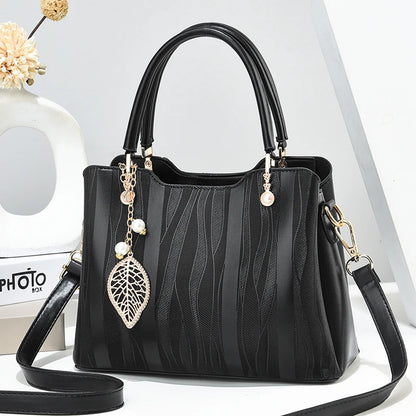 Beg Tangan Berjalur Fesyen, Beg Selempang Kulit PU Wanita, Dompet Beg Tangan Atas 