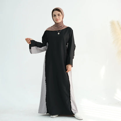 Two Tone Frayed Closed Abaya Muslim Hijab Dress Patchwork Pocket Abayas for Women Dubai Luxury Turkey Islam Clothing Kaftan Robe