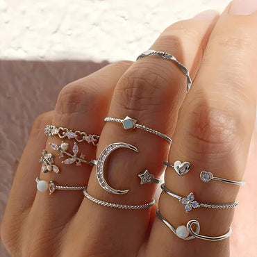 10Pcs Cincin Saman untuk Wanita Set Cincin Rantai Warna Emas Gaya Bohemian Syiling Ular Bulan Bintang Trend Parti Perhiasan Hadiah 