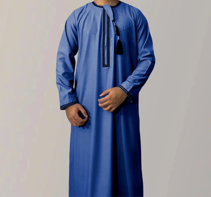 New Muslim Solid Color Abaya Round Neck Embroidery Robe Coarse Males Long Sleeve Kaftan Arabian Saudi Arabia Men's Kaftan