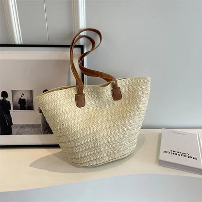 Women Braided Basket Clutches Top-handle Bag Large Straw Portable Shoulder Bag Summer Beach Party Purses Shopper Satchel Female