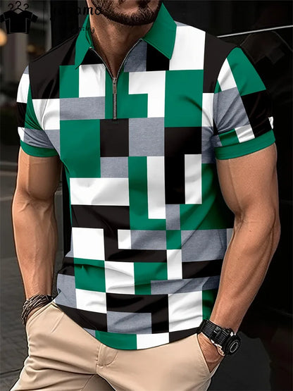 Men's Zipper Polo Shirt 3d Lattice Print Fashion Clothing Business Casual T-Shirt Mens Polo Shirt Zip Short Sleeve Street Top