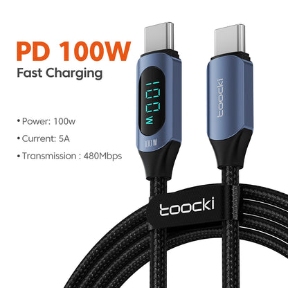 Toocki Type C 转 Type C 数据线 100W PD 快速充电器 USB C 转 USB C 显示屏数据线 适用于小米 POCO f3 Realme Macbook iPad 