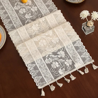 White Lace Table Runner INS Table Flag Dust Cover Wedding Dining Tables Cover Embroidered Floral Table Runner with Tassel