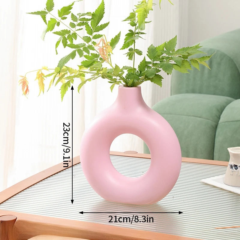 White Donut Vase Circular Hollow Imitation Ceramic Vase Nordic Decorative Vases Flower Pot Artistic Home Office Desktop Decor