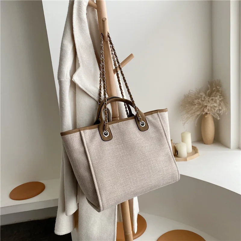 Women Chain Tote Bag Designer Female Shoulder Casual Bags Beach Canvas Leisure Handbags Women's Bag 2023 Trend Medium