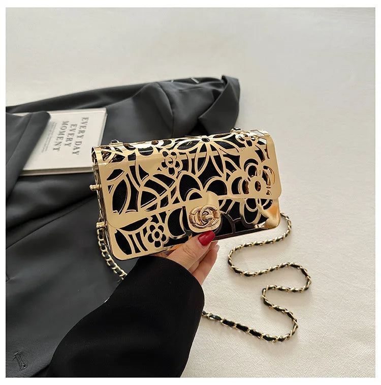 Female Metal  Shoulder Crossbody Bag Luxury Designer Handbags Fashion Trendy Hollow Chain Mini Square Bags For Women