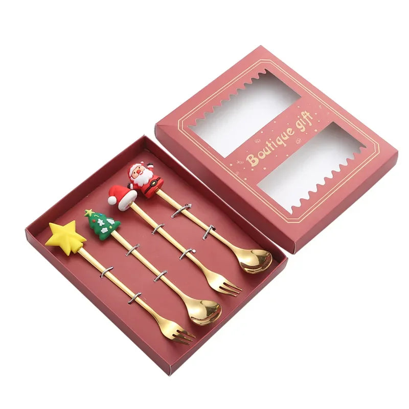 Stainless Steel Spoon,cute Creative Christmas Tree Coffee Mixing Spoon,dessert Fruit Fork,figurine Spoon Fork Cutlery,gift Set