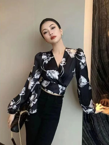 Pretty and Cheap Women's Blouse Sexy Asymmetrical Cool Floral Beautiful Top Ruffle Chiffon Trends Satin Shirt Woman Youth Casual