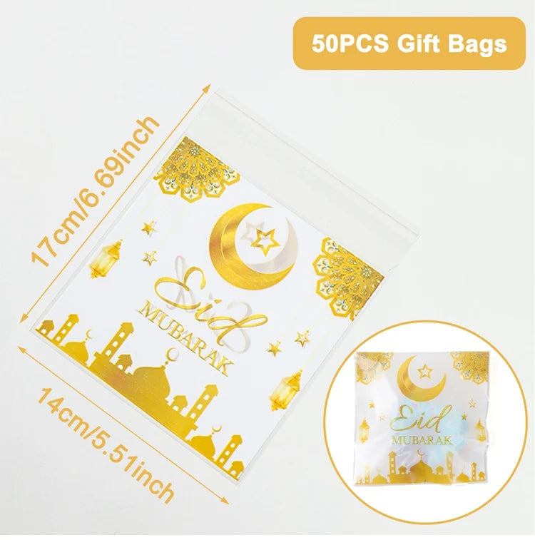 50pcs Beg Hadiah Eid Mubarak Plastik Beg Kuki Gula-gula OPP Ramadan Kareem Hiasan Pesta Perlengkapan Pesta Muslim Hadiah Aidil Adha 