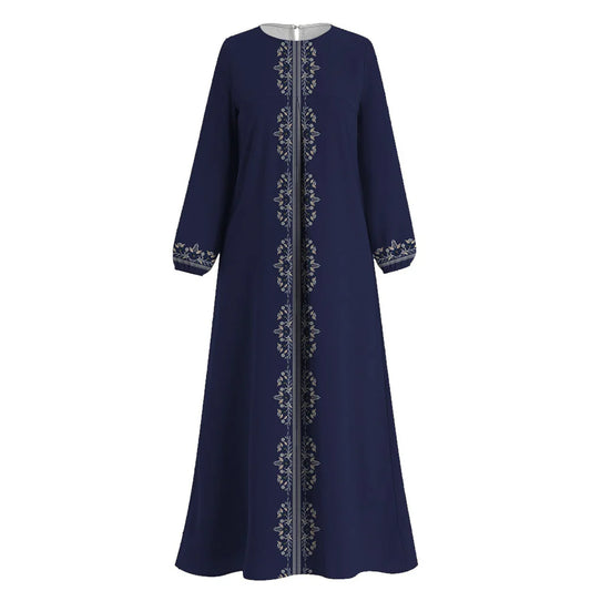 Modest Blue Abaya Women Ethnic Print Long Sleeves Islam Muslim Abaya O-Neck Muslim Dress Femme Dubai Turkey Caftan Arabia Robe