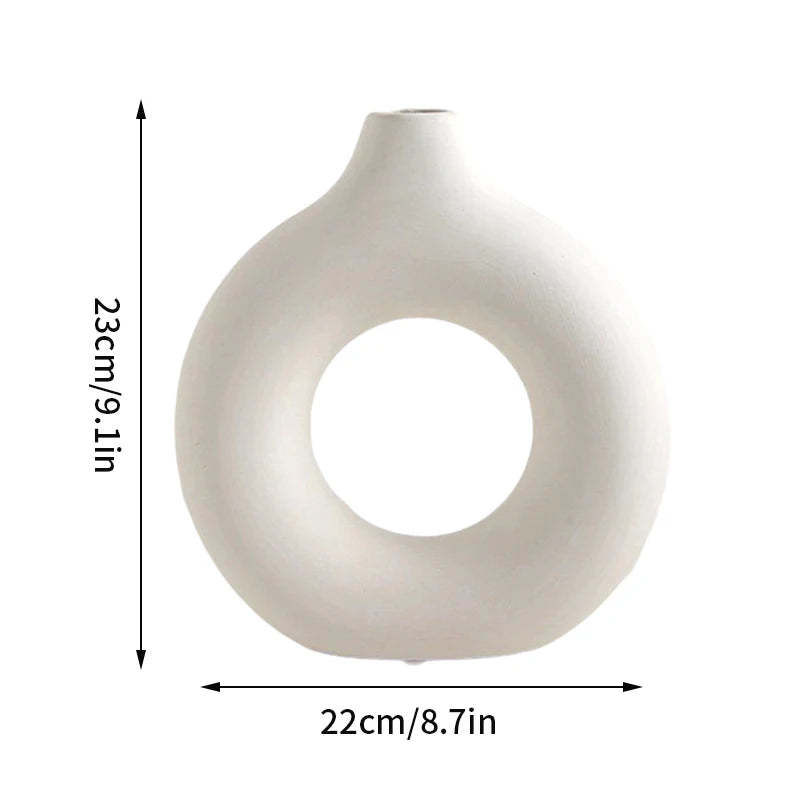 White Donut Vase Circular Hollow Imitation Ceramic Vase Nordic Decorative Vases Flower Pot Artistic Home Office Desktop Decor