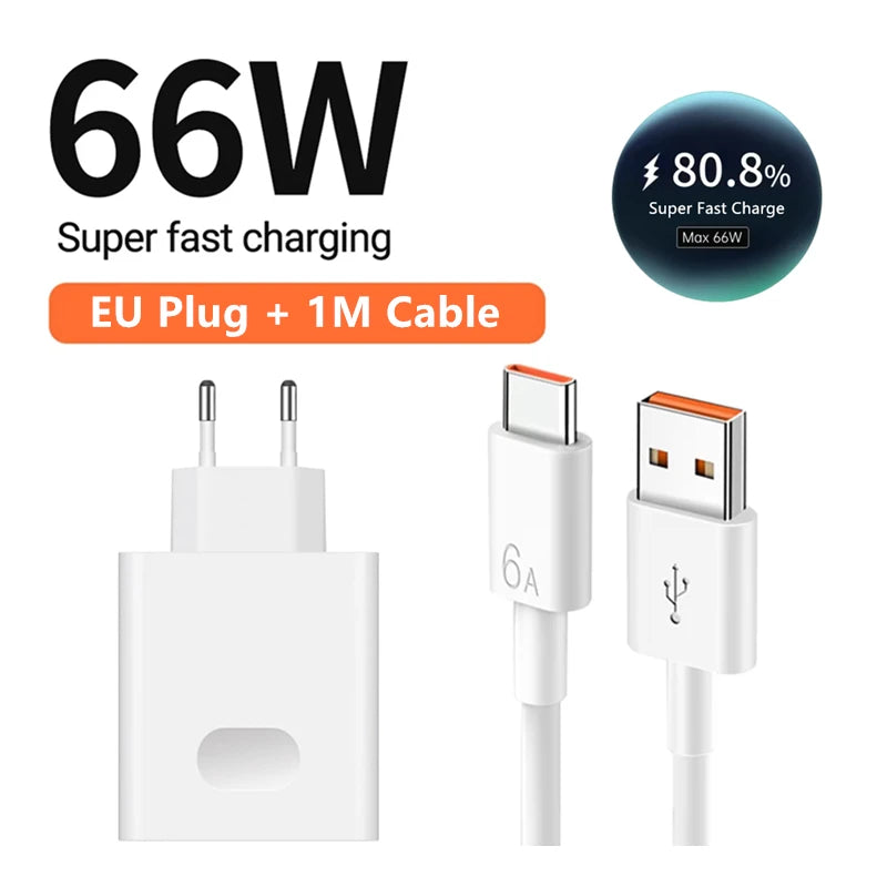 6A 66W Super Fast Charger for Huawei Mate 40 50 60 P50 P60 Nova 9 10 Honor 90 100 Magic 5 Lite 6 Pro Type C Quick Charging Cable