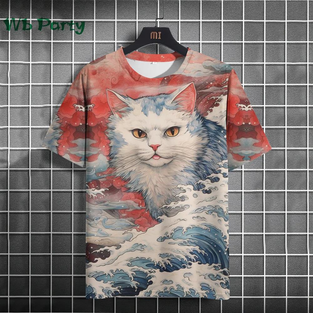 Vintage Cat Pattern Print Short Sleeve T-shirts Man Cat Print Custom T shirt Vintage Shirts Graphic Tee Men's Summer Clothes Tee