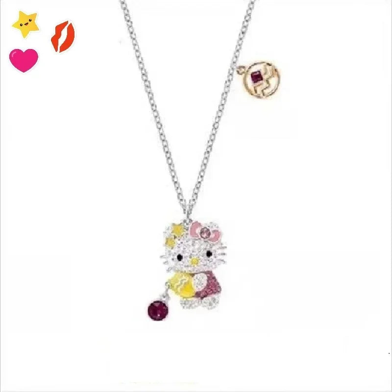 Hello Kitty Necklace Sanrio Anime Character Pink Peach Heart Crystal Cat Push-Pull Bracelet Pendant Couple Decoration Girl Gift