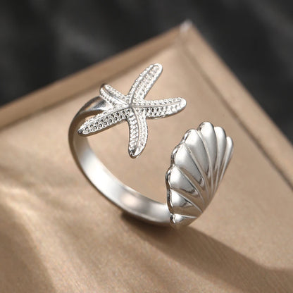 Stainless Steel Ring High Quality Summer Starfish Irregular Geometric Engraved Pattern Ring For Women Jewelry Adjustable Wearing