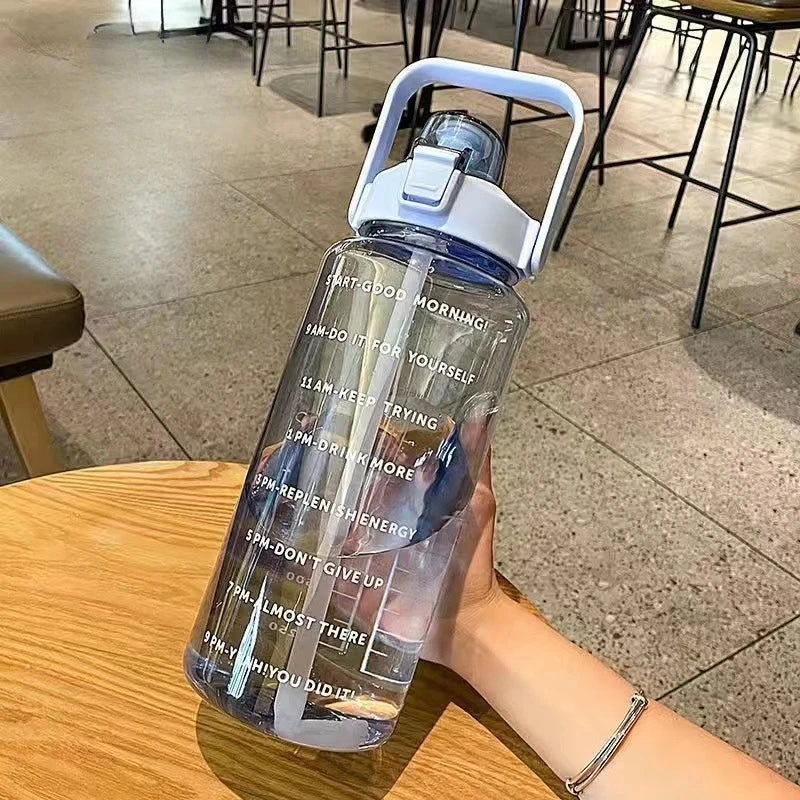 2 Liters Straw Water Bottle Portable Large Capacity Plastic Water Cup Leakproof Drink Bottle with Time Marker Outdoor Sports Gym