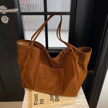 Women Suede Tote Bag With Pockets Satchel Handbag Solid Color Everyday Bag Trendy Commuting Travel Bag