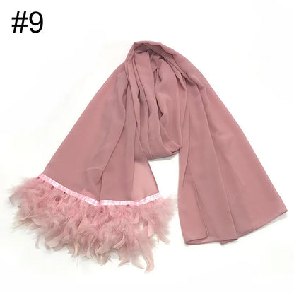 Ostrich Hair Plain Chiffon Hijab Women Scarves Handmade Feather Fashion Shawl Headwear Wrap Headscarf Scarf Foulard Scarf