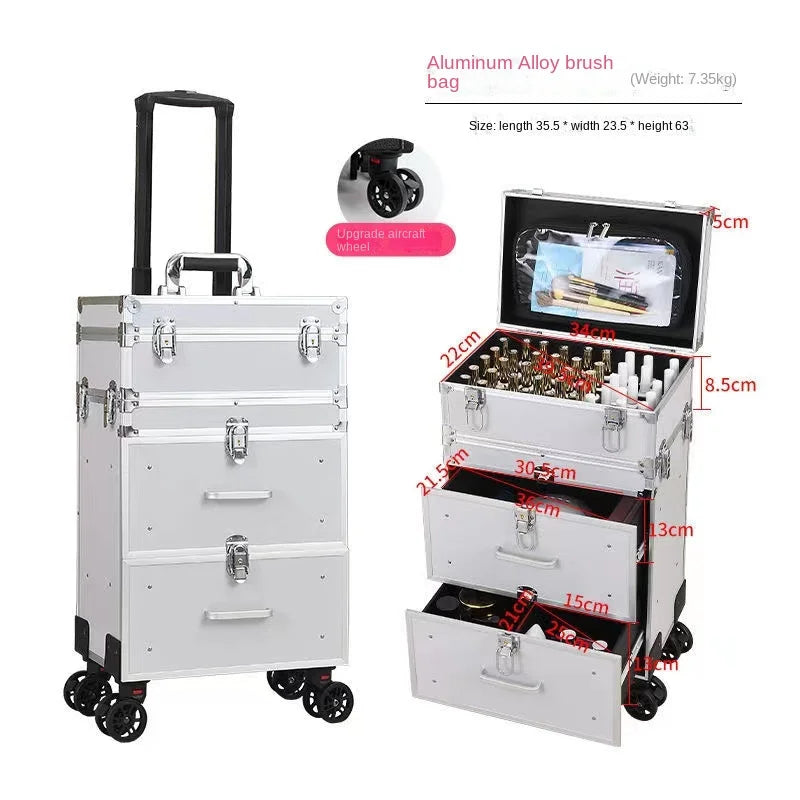 New Professional cosmetic case Box Nail tattoo Rolling luggage bag makeup case on wheels multi-function Beauty trolley suitcase