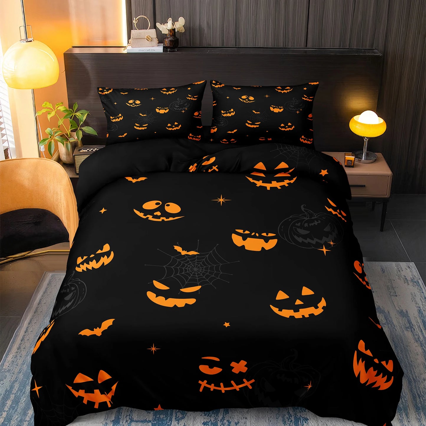 Halloween Duvet Cover Set Pink Pumpkin Comforter Cover Black Ghost Bedding Set 3PCS Microfiber Purple witch Quilt Cover